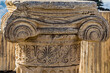Close-up of the remains of the column with its Ionic capital with scrolls and flourishes on the Acropolis of Athens. Athens. Greece.