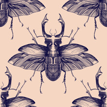 Seamless Hand-drawn Deer Beetle Pattern On A Pastel Background . Botanical Design. EPS 10
