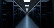 Server room, Data Center. Hosting services. Dark Server Room. Big Data Storage. cloud computing technology.