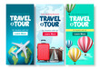 Travel and tour poster set vector background design. Travel and tour early booking discount with traveling  elements for tourism online promotional purposes. Vector illustration.
