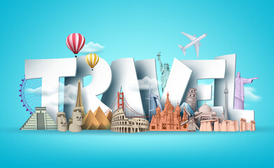 Wall Mural - Travel 3d text vector design. Travel the world in famous landmarks and famous destinations with 3d text in blue background for adventure vacation. Vector illustration  
