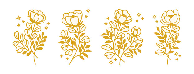 vector set of feminine logo design in linear minimal style. rose flowers and botanical leaf branch. 