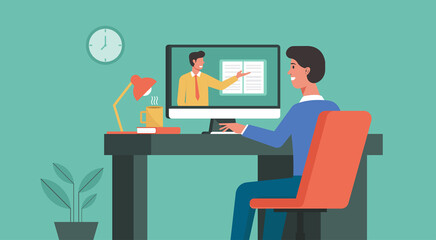 online education and distance learning concept, man using computer at home video conferencing to male teacher, vector flat illustration