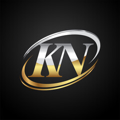 initial letter KN logotype company name colored gold and silver swoosh design. isolated on black background.