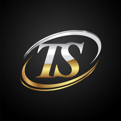 initial letter TS logotype company name colored gold and silver swoosh design. isolated on black background.