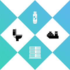 Sticker - Set Toilet bowl, Server, Data, Web Hosting, USB flash drive and shield and Cargo ship icon. Vector.