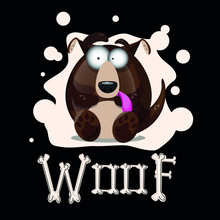 Cartoon Character Of A Brown Dog With His Tongue Out. Inscription Woof Composed Of Bones. Black Background. Suitable For Printing Products For Children.