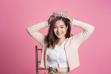 asian woman beautiful attractive smiling happy confident wearing crown jewelry princess fashionable 