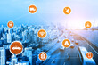 © InfiniteFlow - Smart transport technology concept for future car traffic on road . Virtual intelligent system makes digital information analysis to connect data of vehicle on city street . Futuristic innovation .