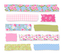 Vector Colorful Set Of Sticky Washi Tapes With Torn Edges. Collection Of Adhesive Scotch Strips With Polka Dots, Plaid, Floral Patterns