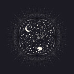 vector background with constellations, planets, moon and stars inside shining sun with rays. space c