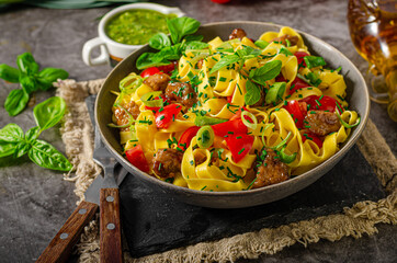 Wall Mural - Chinese noodles with pork meat and herbs