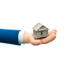 Wall Mural - 3d illustration. Cartoon businessman character hand holding a small bank house.