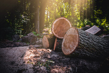 Wall Mural - Log trunks pile, the logging timber forest wood industry. Banner or panorama of wood trunks timber harvesting in forest. Wood cutting in forest.