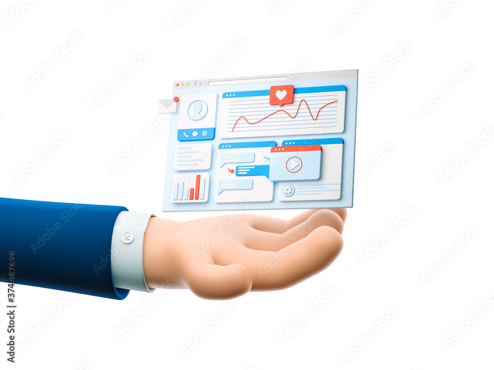 3d illustration. Cartoon businessman character hand holding landing ...