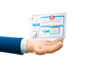 Wall Mural - 3d illustration. cartoon businessman character hand holding landing page. ui and ux concept.