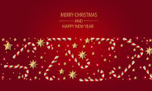 Merry Christmas And Happy New Year. Christmas Greeting Card Red Background With Gold Stars And Silver Snowflakes, Gold Snowflakes, Candy Canes And Decoration.	