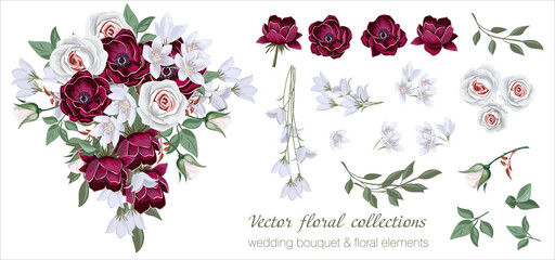 Wall Mural - Vector floral set with leaves and flowers. Elements for your compositions, greeting cards or wedding invitations. Purple anemones and white roses