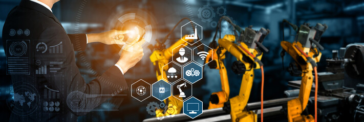 Poster - Smart industry robot arms for digital factory production technology showing automation manufacturing process of the Industry 4.0 or 4th industrial revolution and IOT software to control operation .