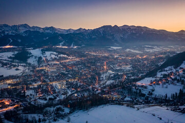 Wall Mural - Stunning illuminated Zakopane in winter, Tatra mountains