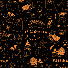 Wall Mural - Halloween dogs hand drawn doodle seamless vector pattern