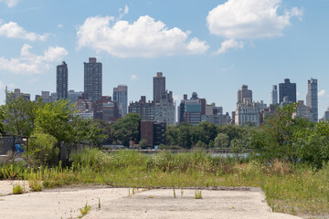 Vacant Land on the Riverfront of Astoria Queens New York with Overgrown Plants and a view of the Roosevelt Island and Manhattan Skylines