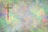Fototapeta Motyle - Symbolic Religious Cross Multicoloured background message board - textured pastel coloured background with a cross in top left corner and copy space 
