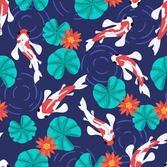 Wall Mural - Seamless pattern with cute koi carps fish and lotus flower. Childish background for fabric, wrapping paper, textile, wallpaper and apparel