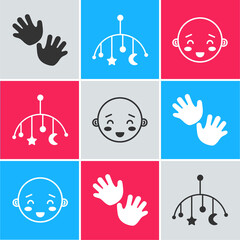 Sticker - Set Baby hands print, Baby crib hanging toys and Happy little boy head icon. Vector.