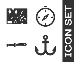 Wall Mural - Set Anchor, Folded map with location, Camping knife and Compass icon. Vector.