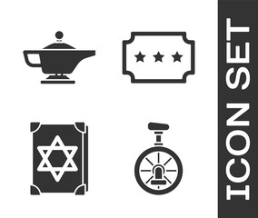 Sticker - Set Unicycle or one wheel bicycle, Magic lamp or Aladdin, Ancient magic book and Ticket icon. Vector.