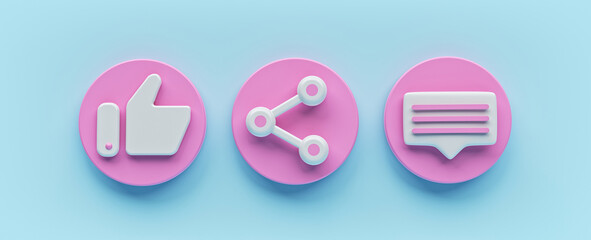 Wall Mural - like, share and comment. social network signs, icon set. minimal design. 3d rendering