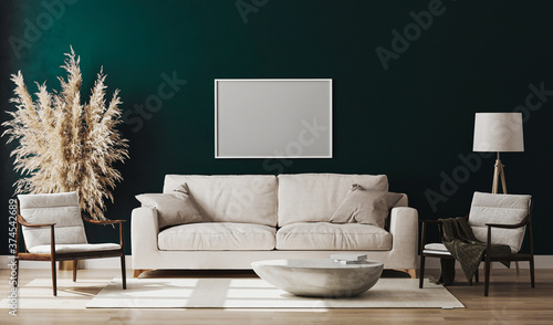 Cuadros en Lienzo Blank picture frame mock up in emerald colour room interior , 3d rendering