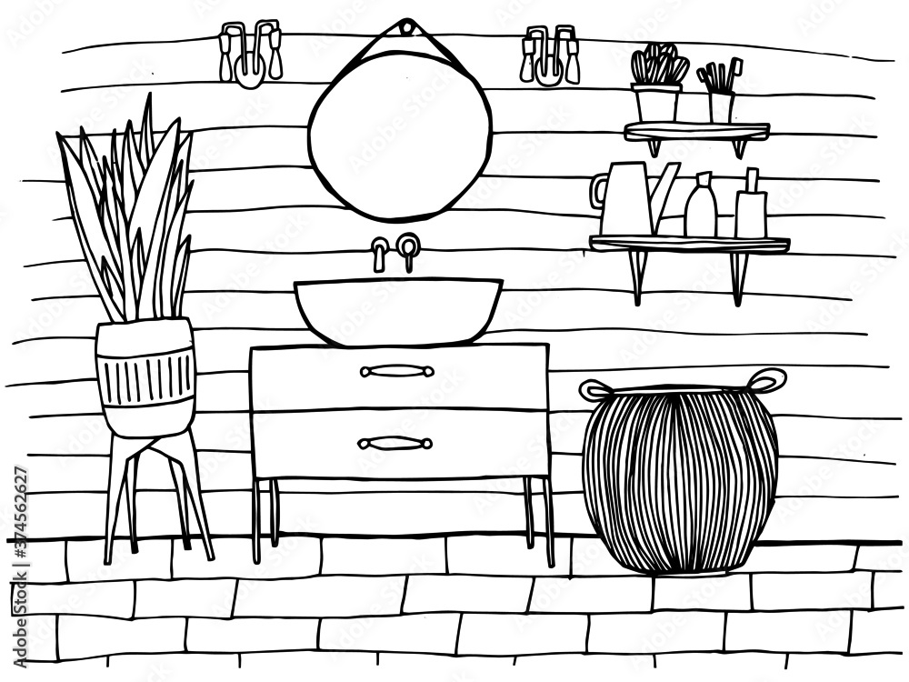 Coloring page with cozy bathroom. Anti stress coloring book for ...