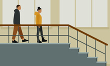 Male Character And Female Character Go On Stairwell