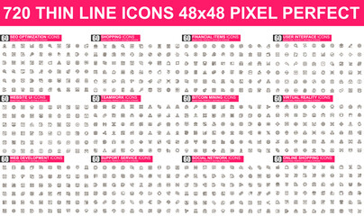 Wall Mural - Bundle vector thin line icons. Contains such Icons as SEO, Shopping, Social Media, Virtual Reality, Bitcoin Mining, Teamwork and more. UI, UX vector icon. 48x48 pixel perfect linear pictogram pack.