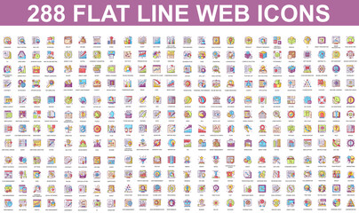 Poster - Bundle vector flat line icons concept. Contain such Icons as Teamwork, People, Finance, Analysis, SEO, Business, Money, Support, Real Estate and more. UI, UX vector icon. Color linear pictogram pack.