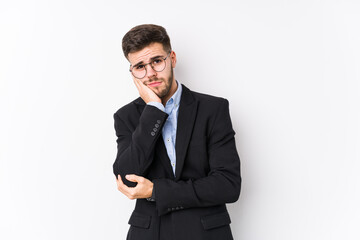 Young caucasian business man posing in a white background isolated Young caucasian business man who is bored, fatigued and need a relax day.