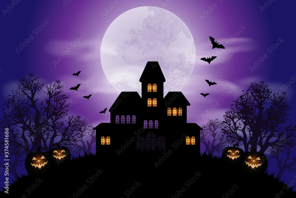 Halloween background with haunted house and full moon - obrazy, fototapety, plakaty 