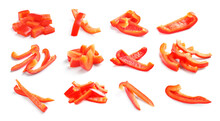 Collage With Cut Red Bell Peppers On White Background