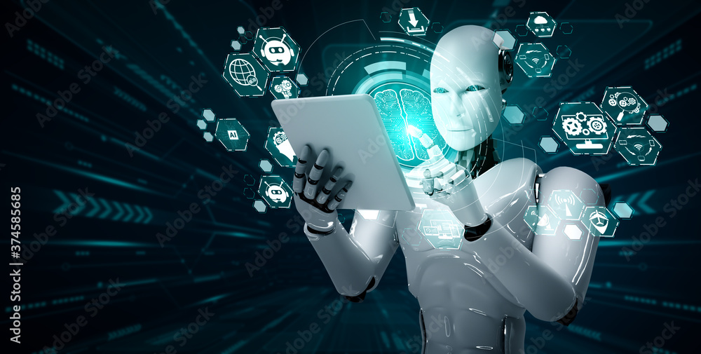 Robot humanoid using tablet computer in concept of AI thinking brain ...