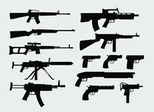 Graphic Vector Black Silhouette Pistols, Rifles, Guns, Submachines, Revolvers And Shotguns. Vector Weapon Graphic Collection Design.