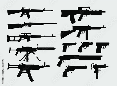 Cuadros en Lienzo Graphic vector black silhouette pistols, rifles, guns, submachines, revolvers and shotguns