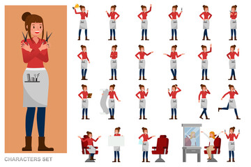 Set of Professional Women Stylist people working character vector design. Presentation in various action with emotions, running, standing and walking.