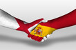 Handshake between spain and england flags painted on hands, illustration with clipping path.
