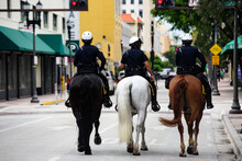 Miami Downtown, FL, USA - JUNE 4, 2020: Police On Horseback. American Police.