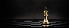 King Golden Chess Standing On Chess Board Concept Of Business Strategic Plan And Professional Organization Management Leader.