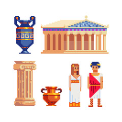 Greece symbols culture pixel art icons flute and harp ancient musical instrument, antique vase and column, man and woman in traditional greek clothes. isolated illustration. Design logo, app, sticker.