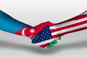 Wall Mural - Handshake between united states of america and azerbaijan flags painted on hands, illustration with clipping path.