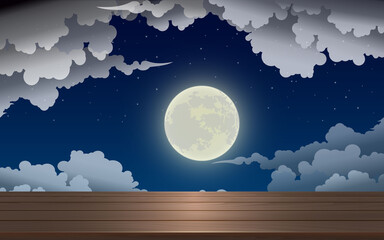 wooden table with full moon and cloud in the night background